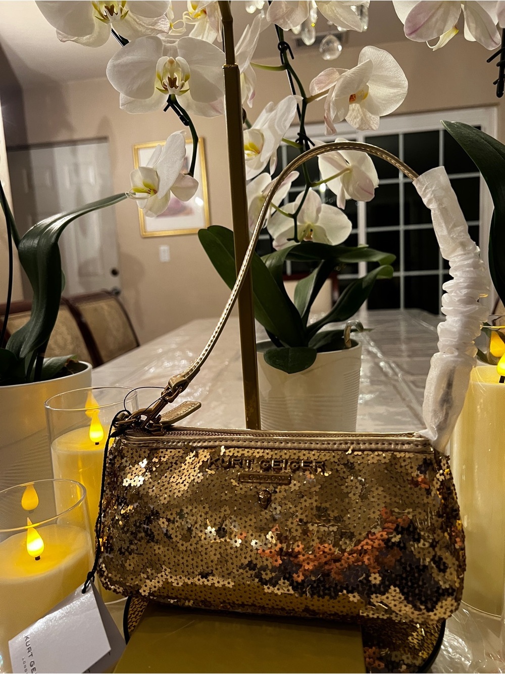 Kurt Geiger London Small Highgate Gold Sequin Baguette Shoulder Wristlet Bag NWT - Picture 10 of 10